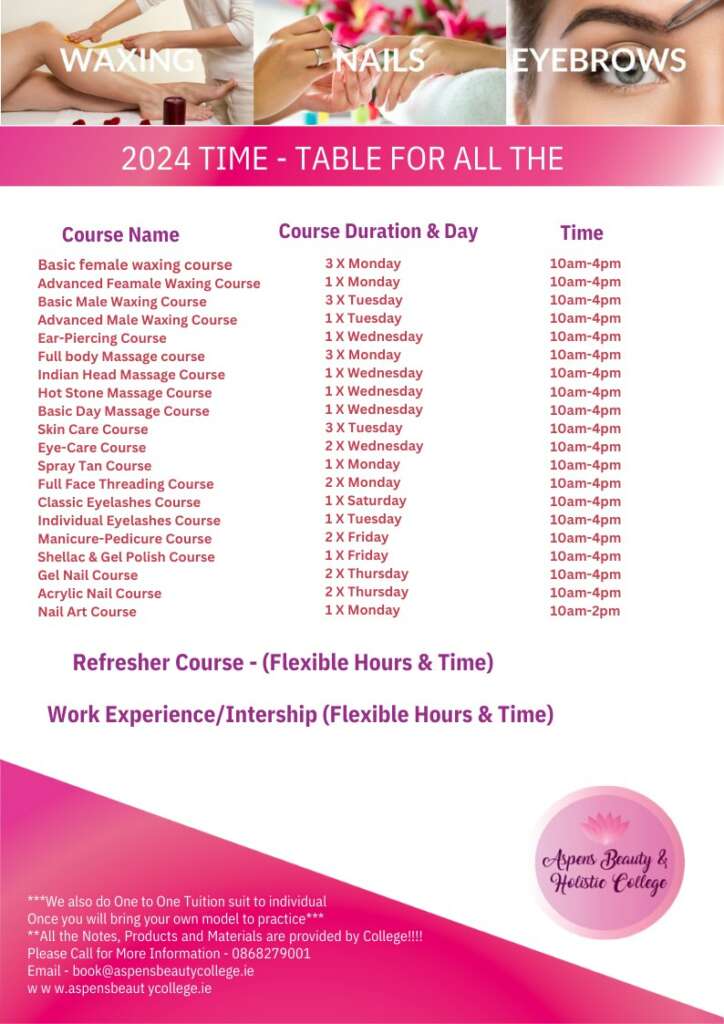 Aspens Beauty and Holistic College New Timetable