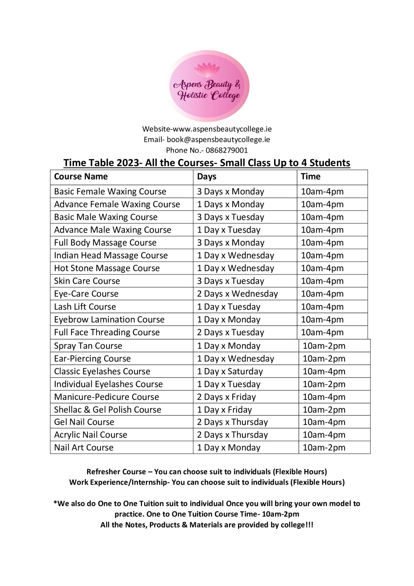 Aspens Beauty and Holistic College 2023 Timetable