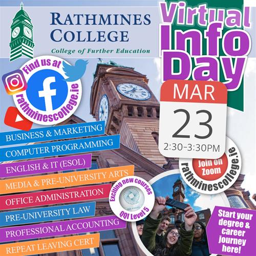 Flier for Rathmines College - Virtual Open Day