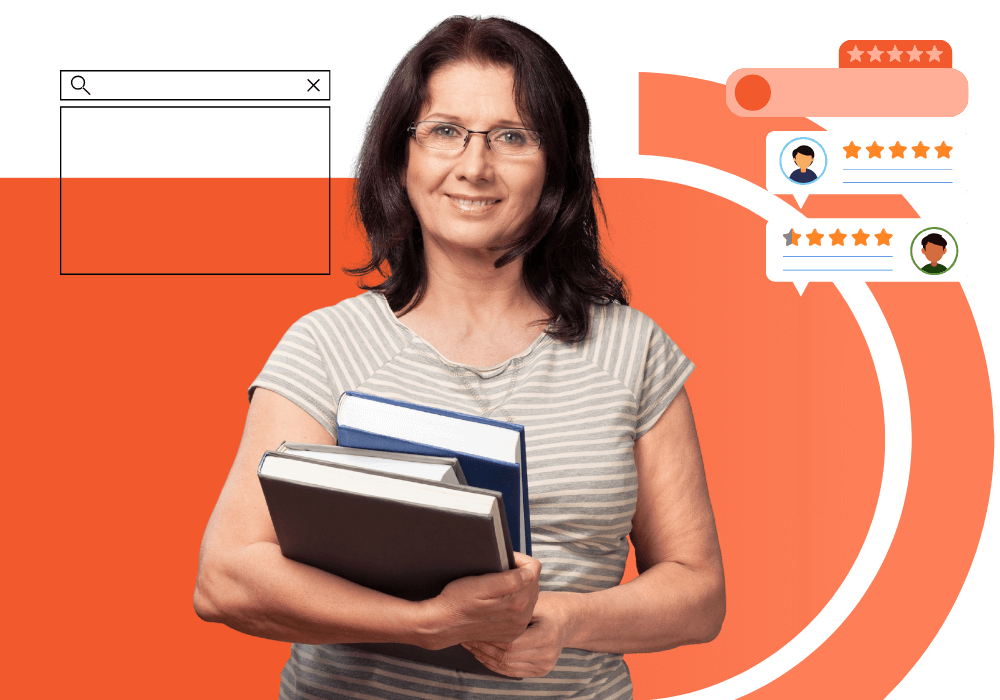 mature student holding books in her hands